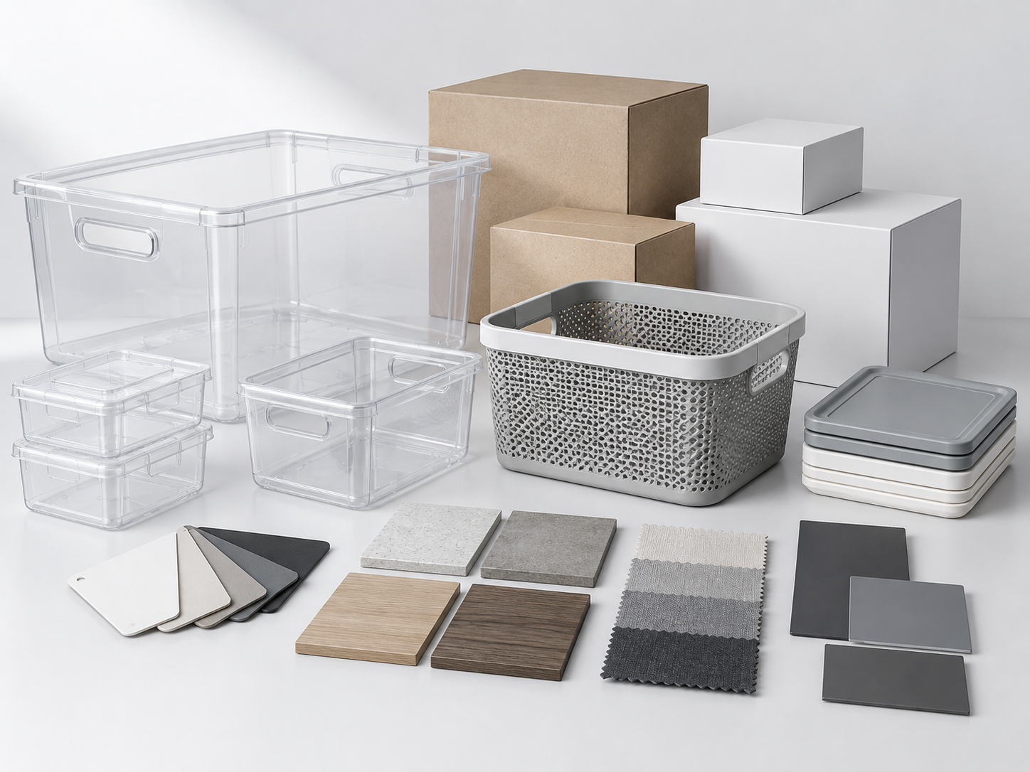Home organization product samples, packaging boxes and material swatches